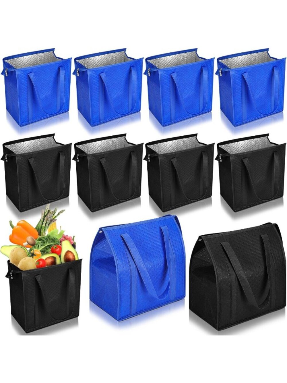 10 Pack Large Insulated Grocery Bags - Reusable, Zippered, Bulk Set, Blue